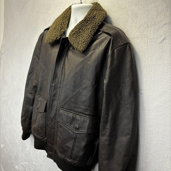 St Johns Bay Leather Sherpa Collar Aviator Jacket Mens Large Black Bomber Coat - Picture 4 of 16